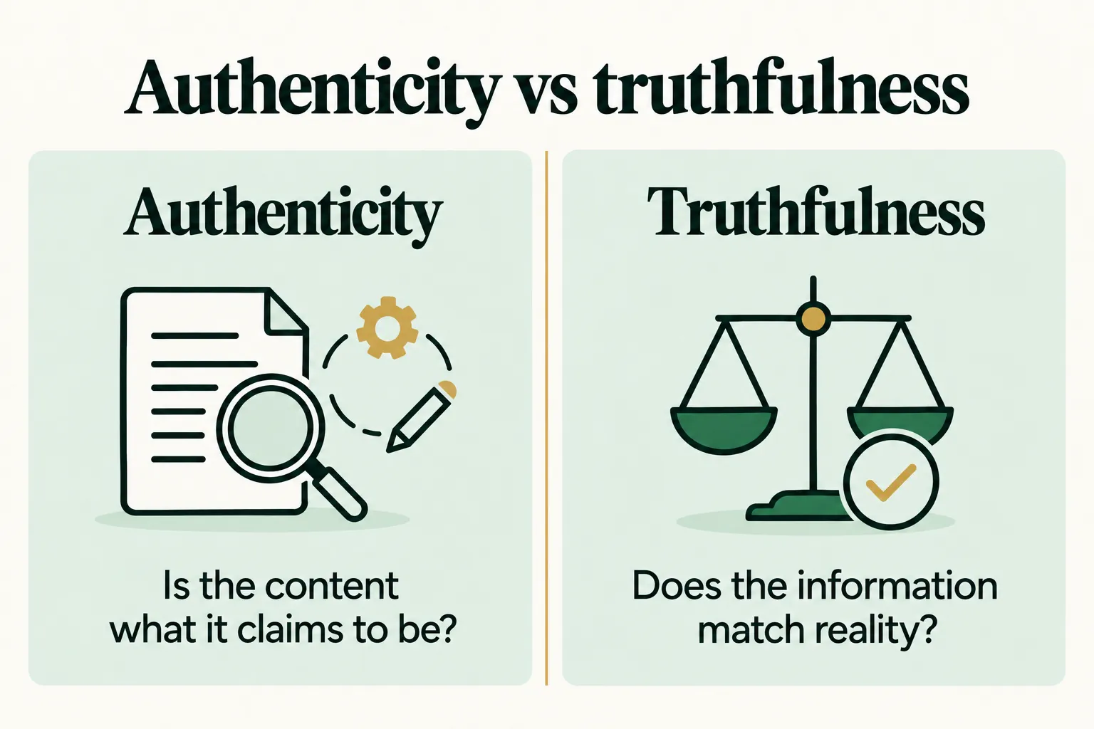 Infographic comparing the authenticity of content, meaning that it matches its declared nature and the way it was made, with its truthfulness, meaning that the information matches reality.
