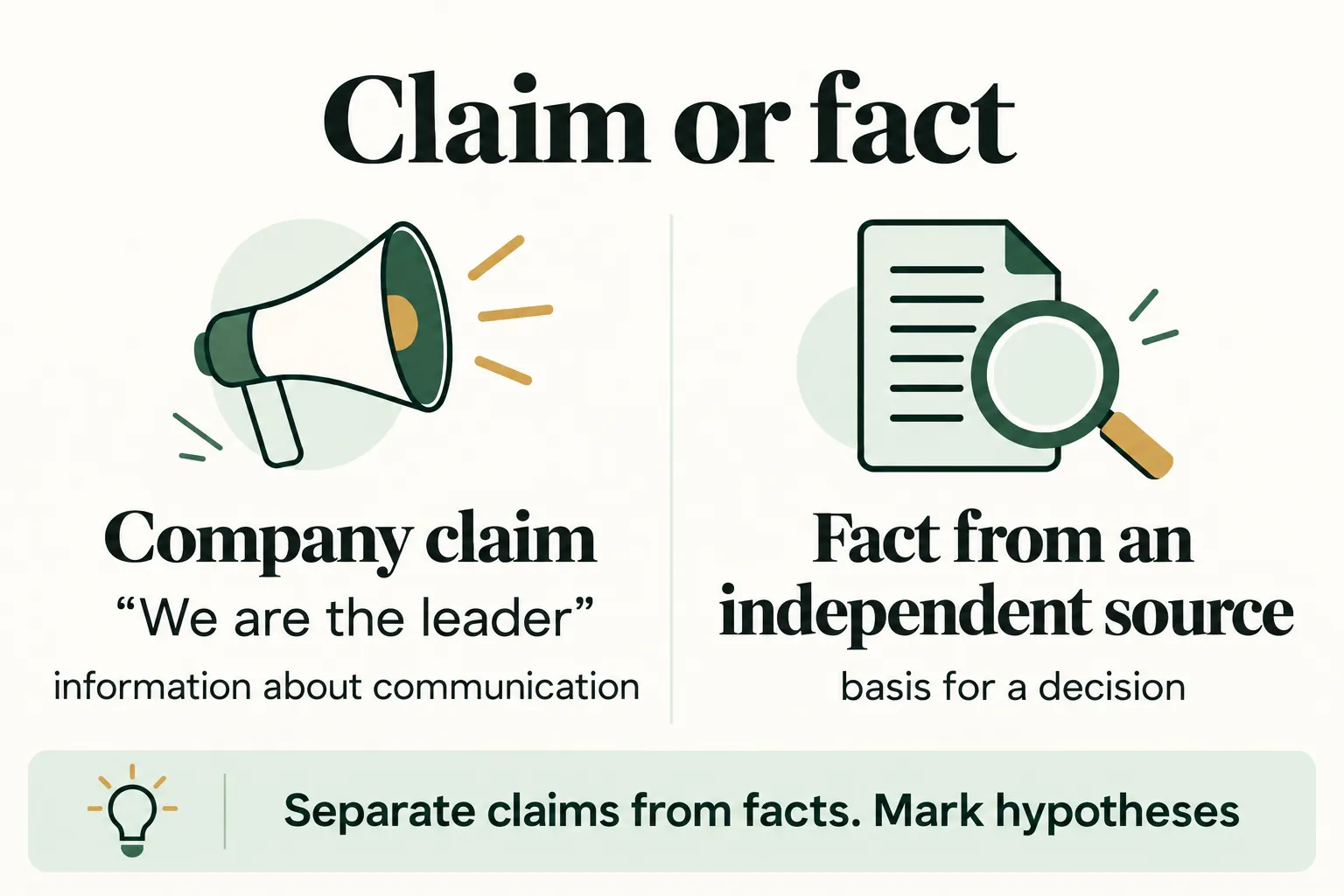 Infographic: a company’s claim is information about its communication, a fact from an independent source is a basis for a decision