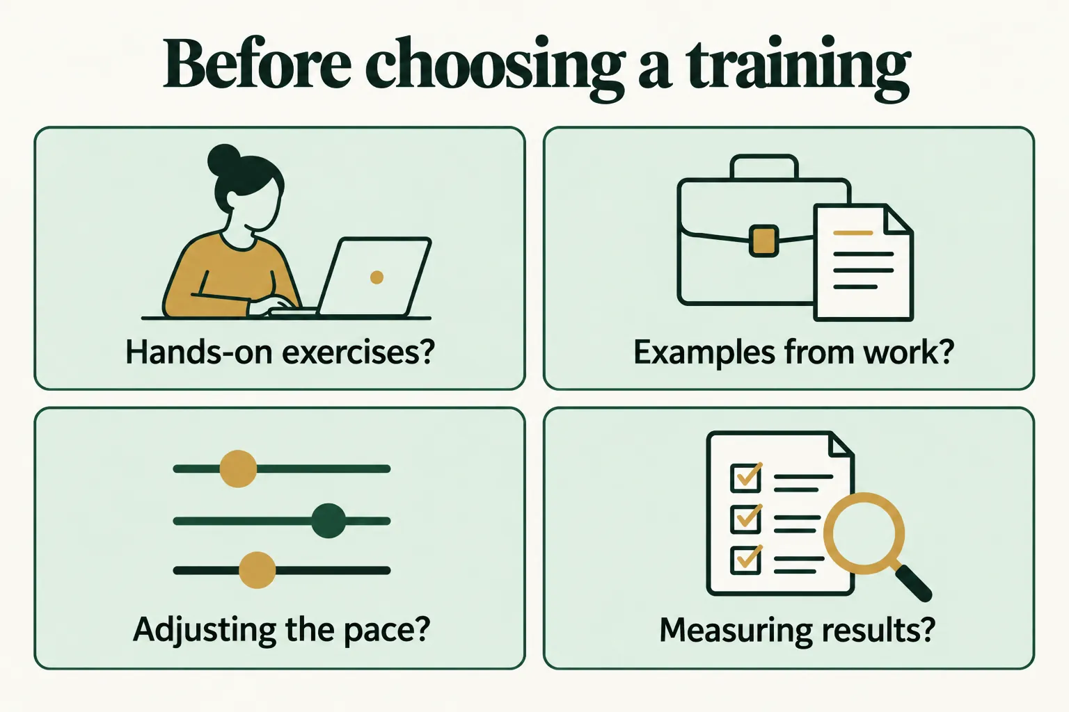 A list of four things a company should ask about before choosing AI training: exercises, examples from work, adjusting the pace and assessing the results.