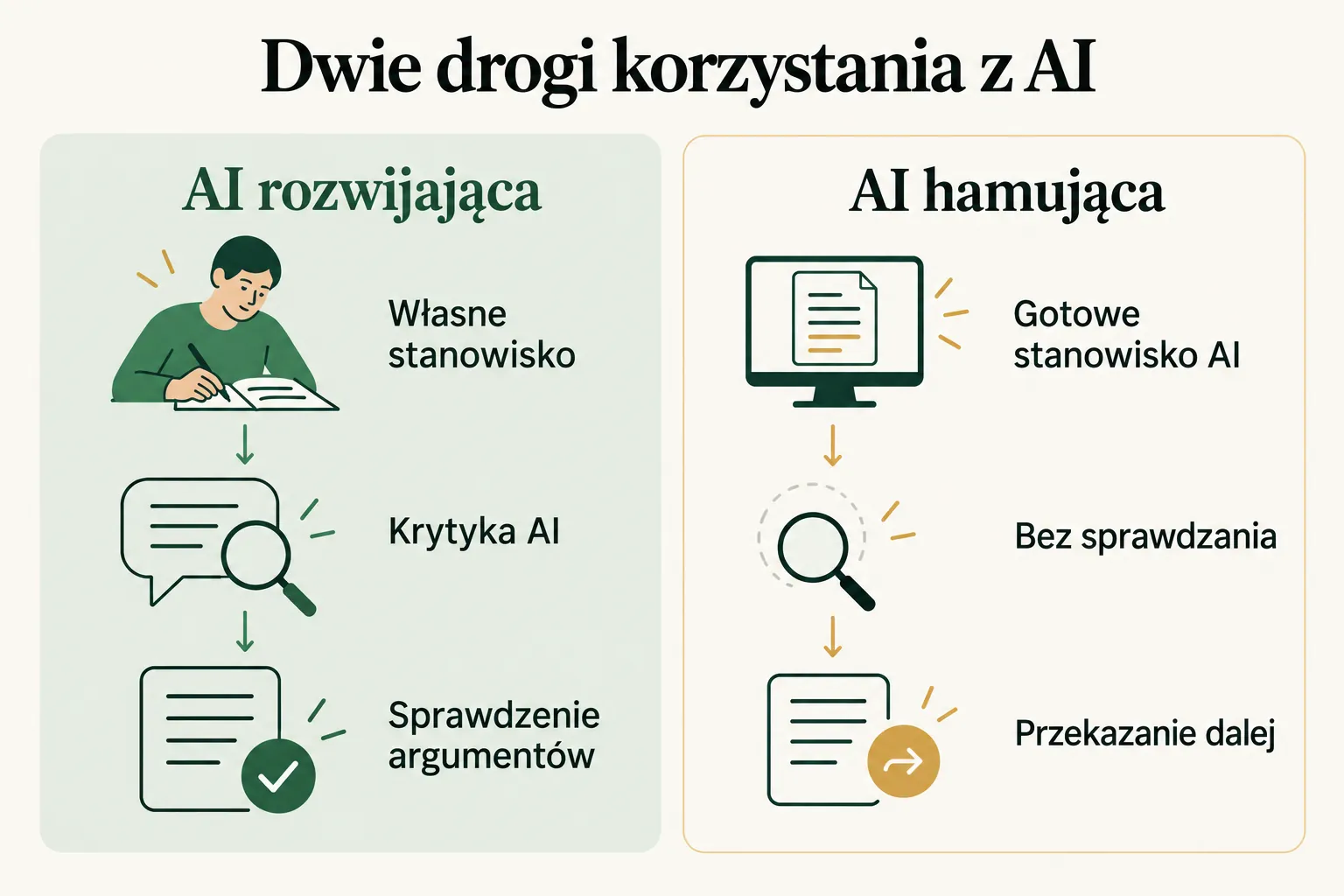 Porównanie dwóch sposobów wykorzystania AI: rozwijającego, w którym człowiek tworzy i sprawdza własne argumenty, oraz hamującego, w którym przyjmuje gotową odpowiedź bez weryfikacji.