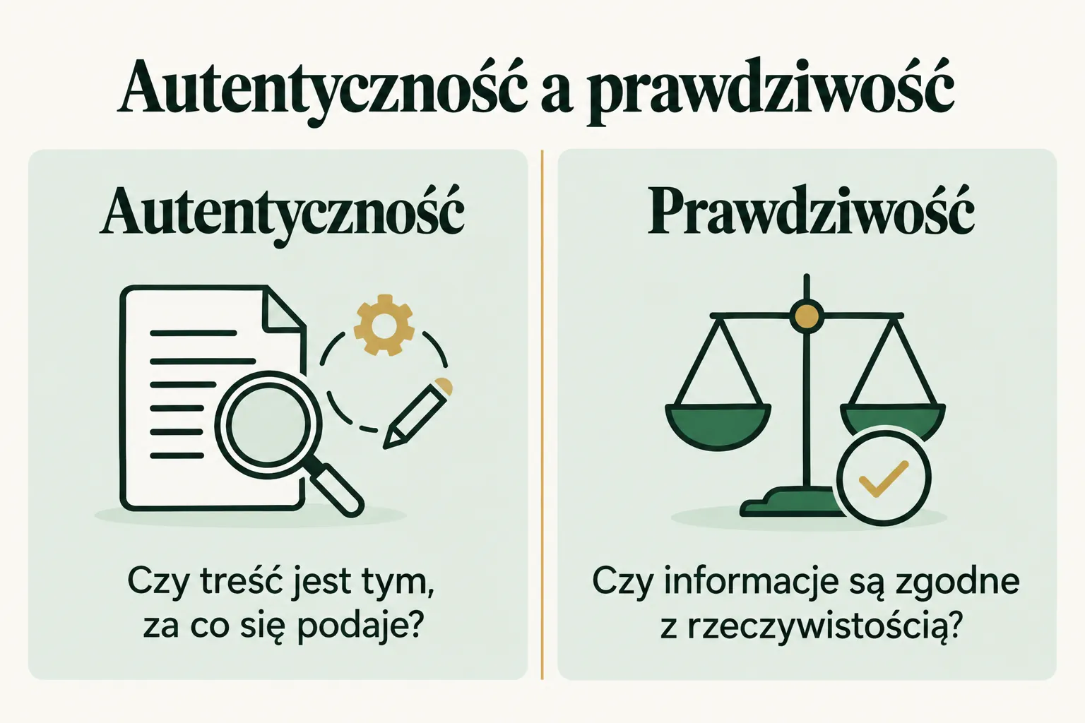 Infografika porównuje autentyczność treści, czyli zgodność z deklarowaną naturą i sposobem powstania, z prawdziwością, czyli zgodnością informacji z rzeczywistością.