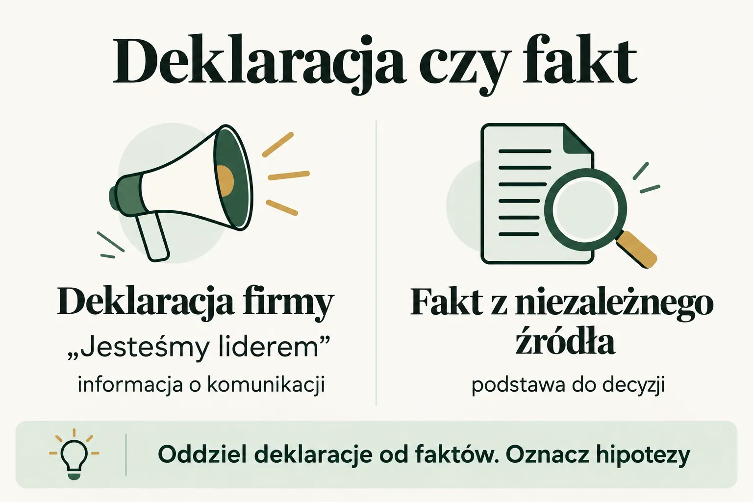 Infografika: deklaracja firmy to informacja o komunikacji, fakt z niezależnego źródła to podstawa do decyzji