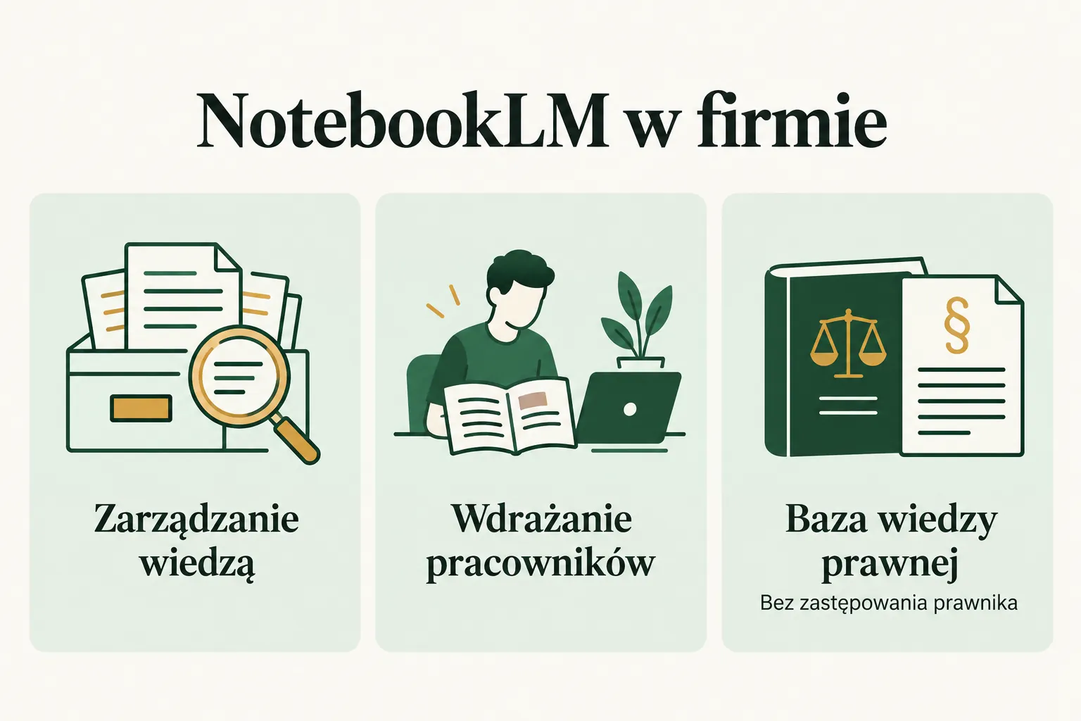 Infografika przedstawia trzy zastosowania NotebookLM w przedsiębiorstwie: zarządzanie wiedzą, wdrażanie nowych pracowników i korzystanie z firmowej bazy materiałów prawnych.
