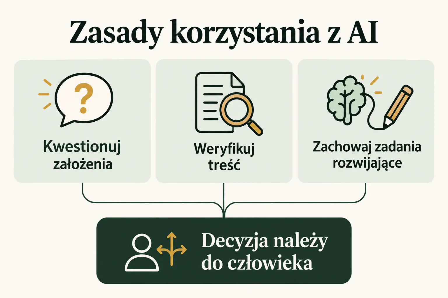 Infografika przedstawia trzy zasady odpowiedzialnego korzystania z AI: kwestionowanie założeń, weryfikację treści i zachowanie zadań rozwijających kompetencje, z odpowiedzialnością człowieka za decyzję.