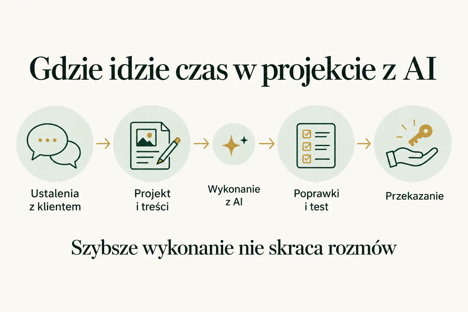 Infografika: etapy projektu z AI, od ustaleń z klientem przez wykonanie po przekazanie